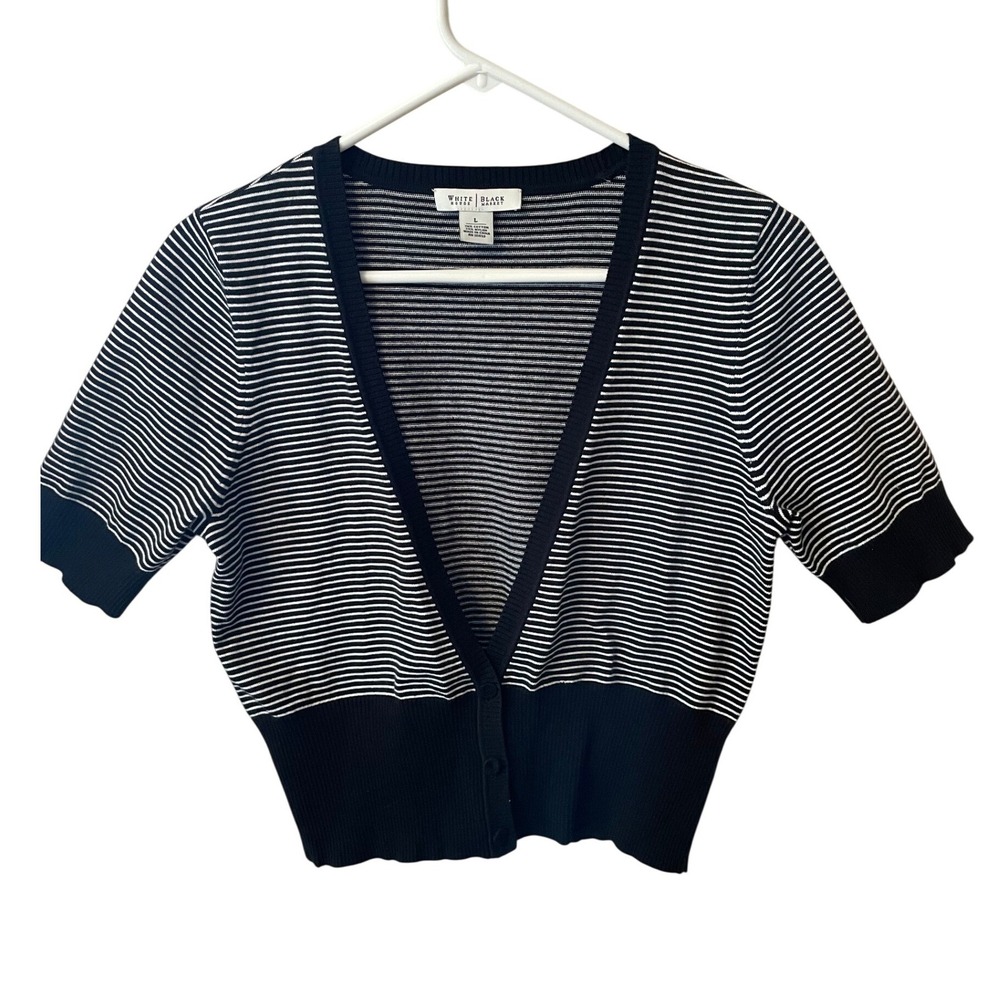 White House Black Market Black White Striped Cropped Cardigan Sweater Womens L